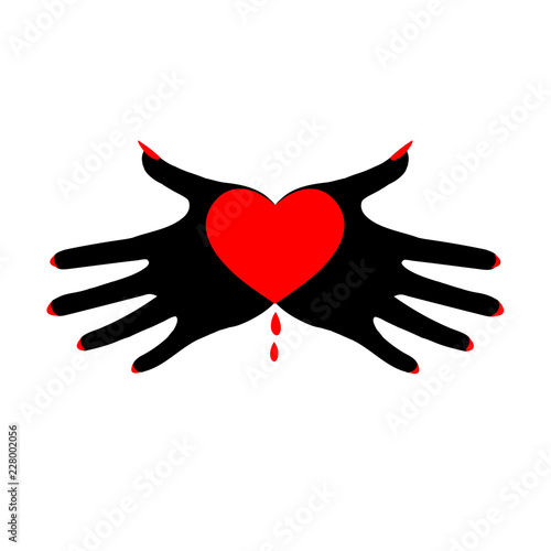 Heart in black palms. Demonic image. Symbol of the fatal passion.