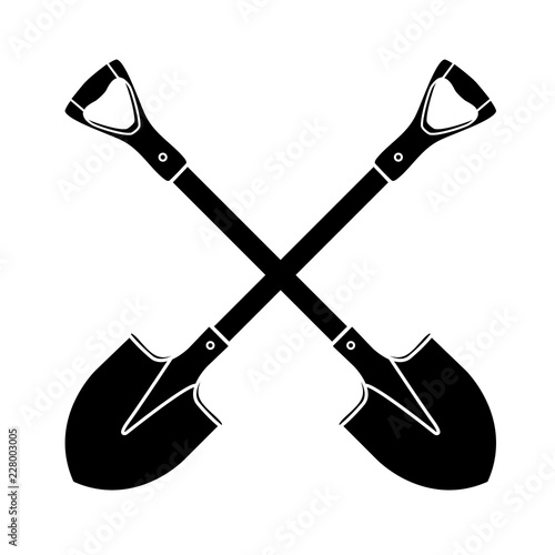 Shovel, spade, silhouette icon on isolated white background. Garden equipment. Spring, summer work. Farm tools for digging holes. Vector flat design.