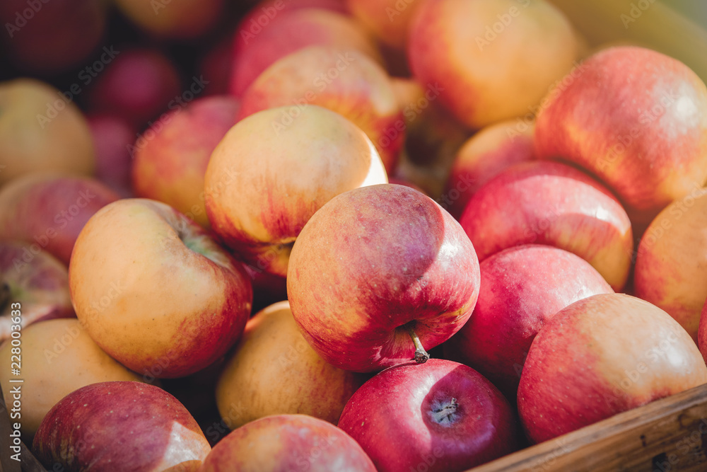 Red apples in a drawer. Side view. Autumn season time
