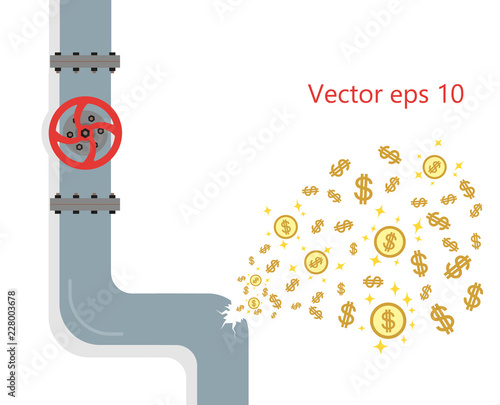 The leak from the pipeline is damaged. Gap, crash is a crack in the plumbing. Concept money is lost due to breakage. Vector flat style.