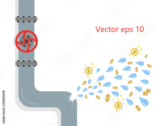 Leakage from the pipeline of water, liquid, damage. Gap, crash is a crack in the plumbing. Concept money is lost due to breakage. Vector flat style.