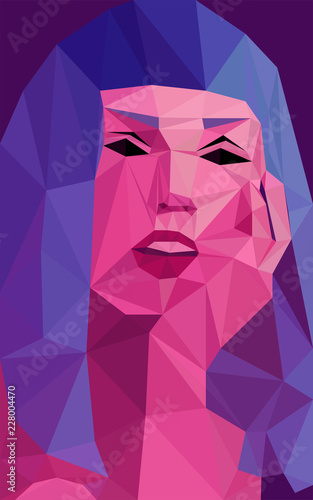 Colorful polygonal style design of asian woman with pink skin and blue hair