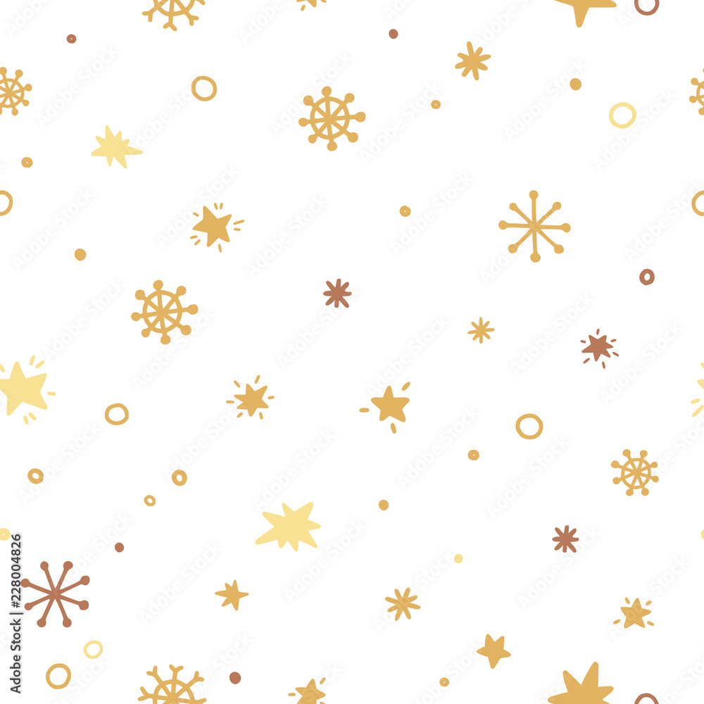 Golden snowflakes and stars seamless pattern. Winter time beautiful background with snowflakes elements Golden snowflakes and stars seamless pattern. Winter time beautiful background with snowflakes elements