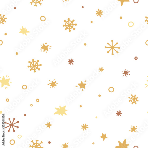 Golden snowflakes and stars seamless pattern. Winter time beautiful background with snowflakes elements