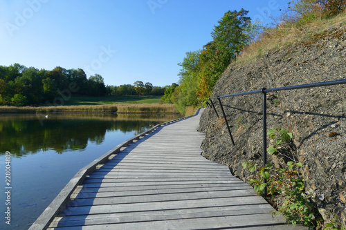 Photography Bygdoy Peninsula bicycle route and wooden pathway around harbour, Oslo, Norway