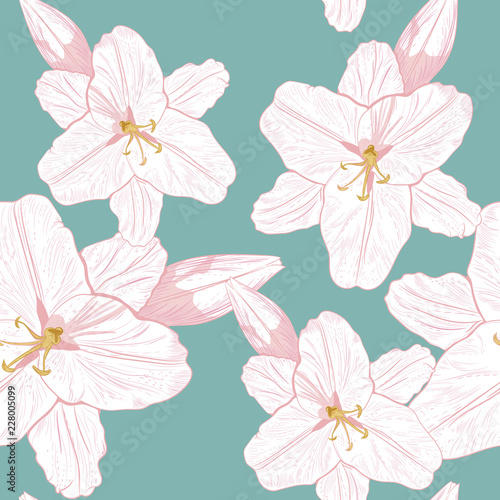 Seamless floral pattern. Pink royal lilies flowers on a tender mint background.