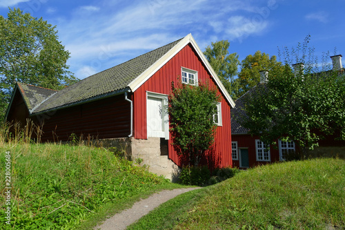 Red wooden house, Norsk folkemuseum, Norwegian Museum of Cultural History, Bygdoy, Oslo, Norway