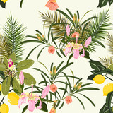 Beach summer Hawaiian seamless pattern wallpaper of tropical green leaves of palm trees and lemons, pink exotic flowers of paradise on a light yellow background.
