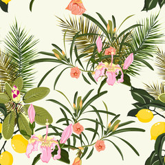 Papier peint photo Jungle Feuilles palmier citrons fleurs roses fond jaune  © Iuliia