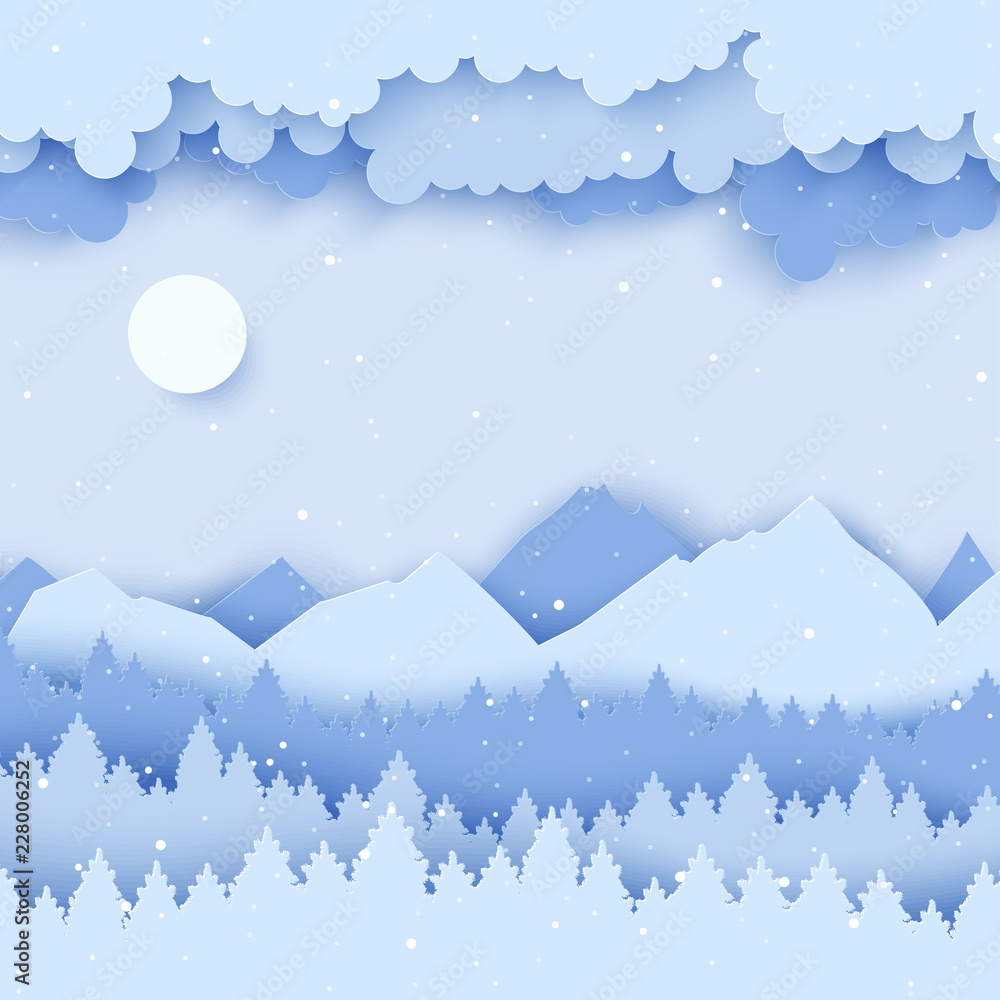 Paper Christmas postcard with winter landscape with pine trees, fluffy clouds, mountains and snowflakes. Modern layered paper art style background. Vector illustration