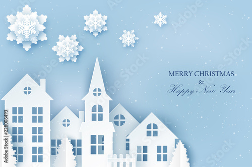 Winter urban countryside landscape village with cute paper houses, pine trees and snowflakes. Merry Christmas and New Year paper art background