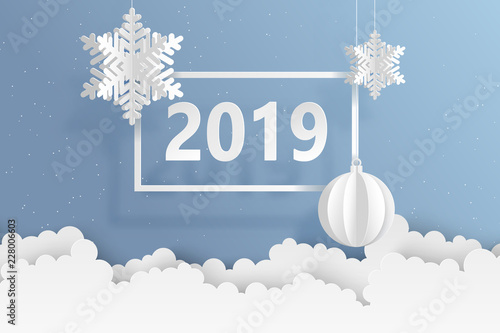 Abstract background with volumetric paper snowflakes and christmas ball. White 3D snowflakes and decorations. 2019 new year card template. Winter paper art design