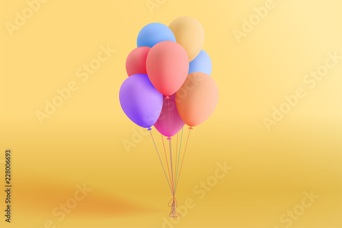 Set of colorful realistic mat helium balloons floating on yellow background. Vector 3D balloons for birthday, party, wedding or promotion banners or posters. Vivid illustration in pastel colors.