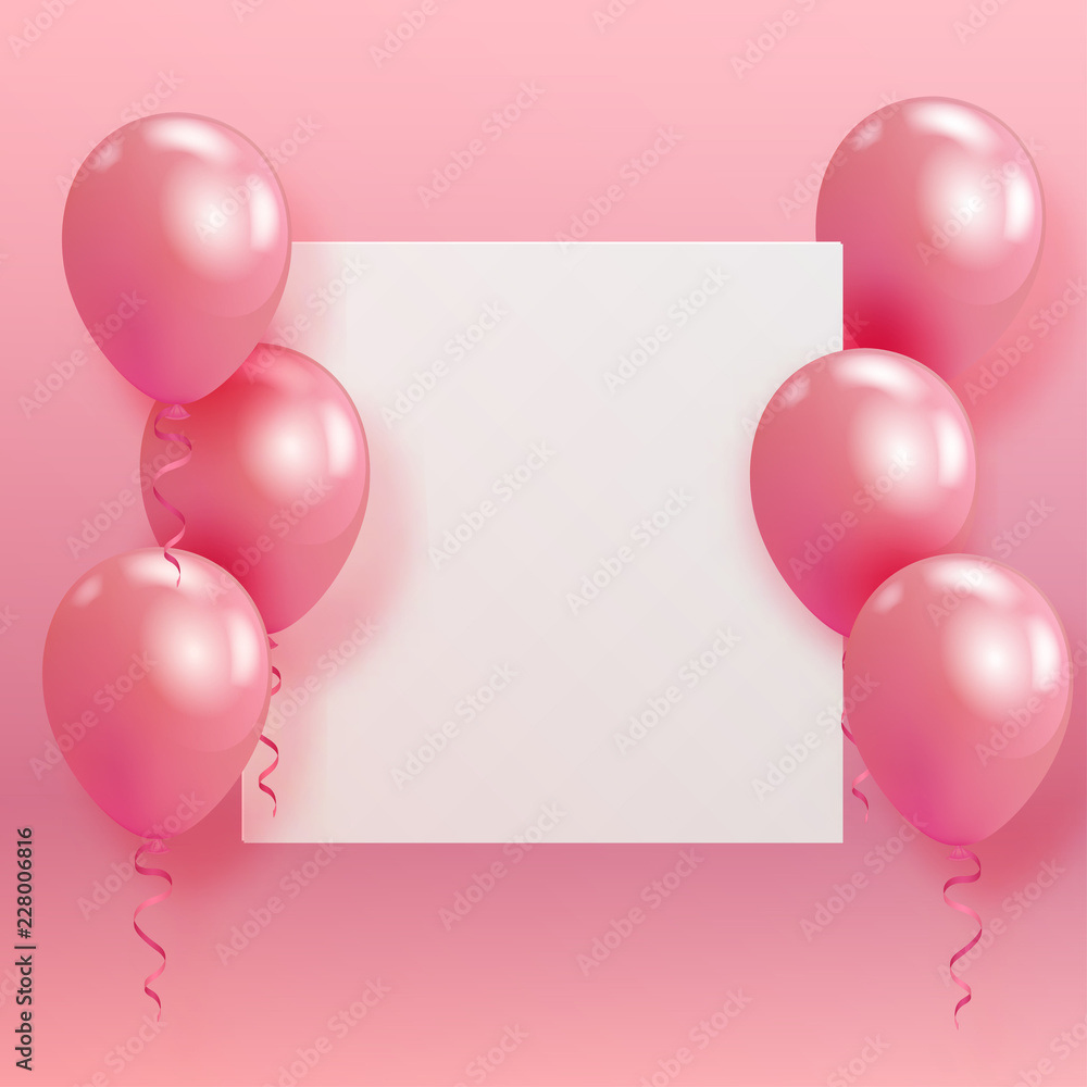 Naklejka Set of realistic pearl glossy helium balloons floating on pink background and paper. Vector 3D balloons for birthday, party, wedding or promotion banners or posters.