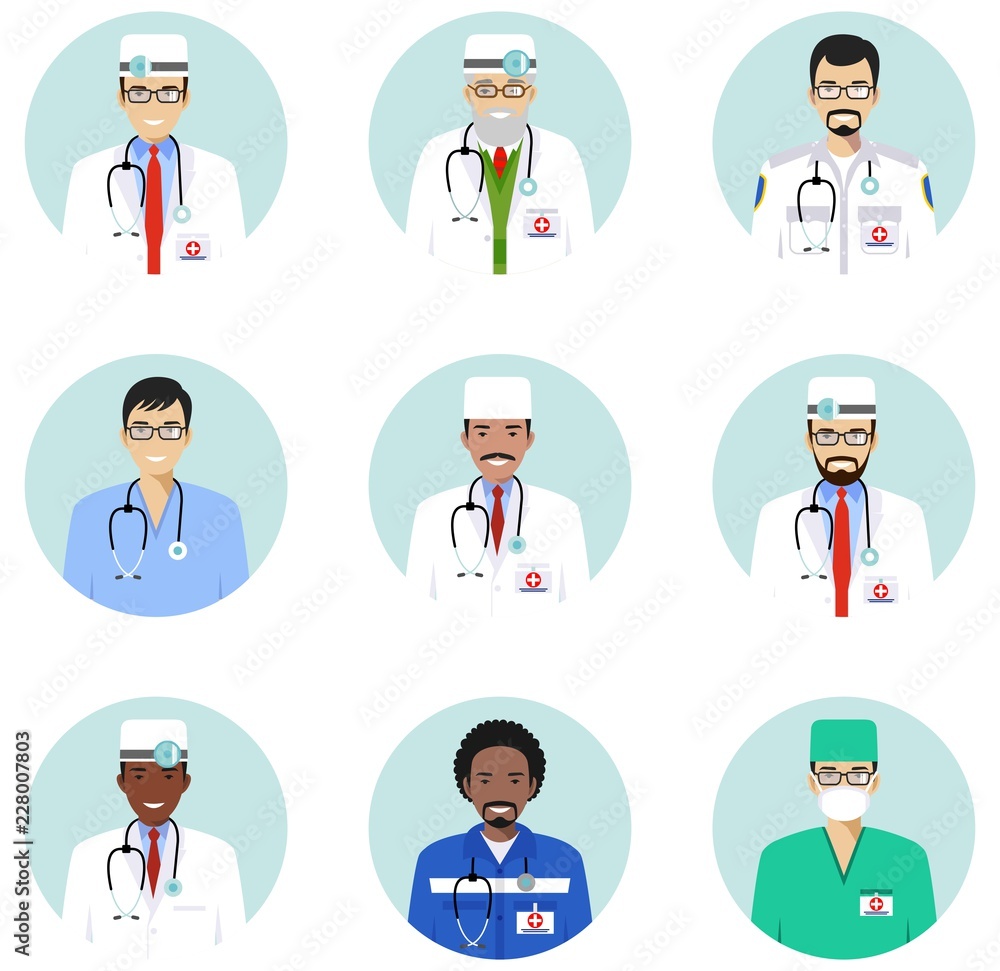 Medical concept. Different doctors, nurses characters avatars icons set in flat style isolated. Differences medical persons smiling faces. Vector illustration.