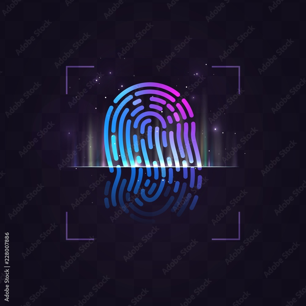 Abstract vector fingerprint recognition system illustration on dark background with light effects. Finger print processing EPS10 Abstract vector fingerprint recognition system illustration on dark background with light effects. Finger print processing EPS10
