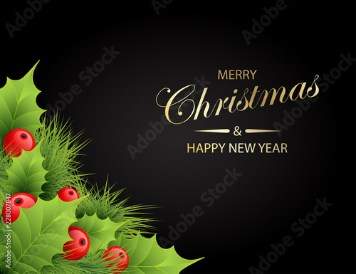 Vector realistic holly and fir tree branches Christmas ornament. Holly green leaves and red berries on black  background. Merry Christmas text. Card template