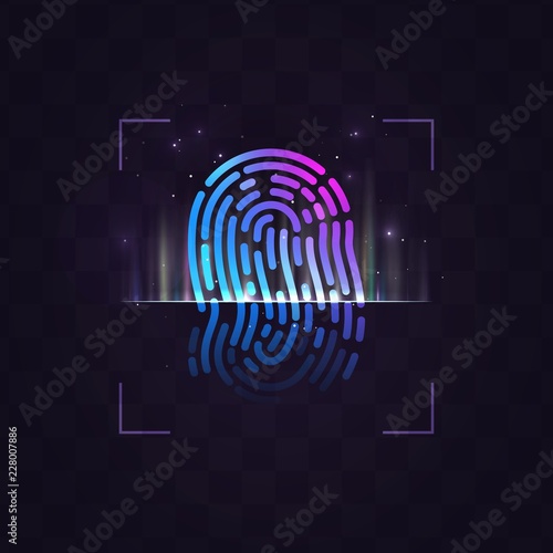 Abstract vector fingerprint recognition system illustration on dark background with light effects. Finger print processing EPS10