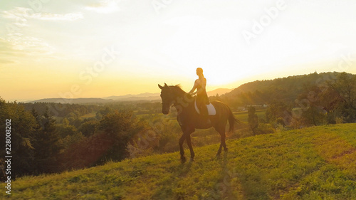 AERIAL: Flying along brown horse and girl trotting through the sunny countryside