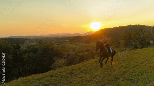 LENS FLARE: Energetic horse gallops through countryside with woman on its back. © helivideo