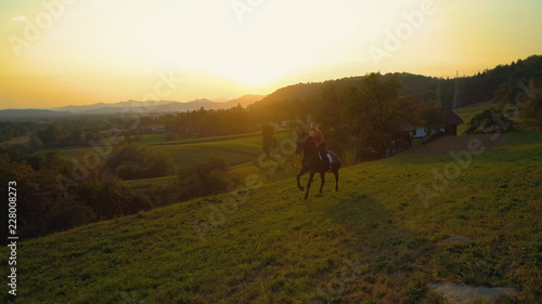 AERIAL: Golden sunset shines on carefree girl riding her energetic brown horse.