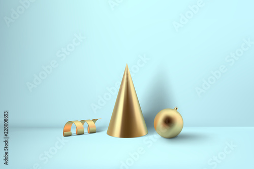 Abstract glossy Christmas decprations. Golden coil metallic spiral ribbon, cone and sphere geometric shapes.  New year and xmas decoration concept. 3d minimal pastel colored background photo