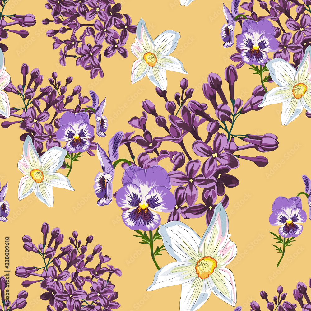 Trendy Floral pattern in the many kind of flowers. Spring seamless pattern, Printing with beautiful flowers. Yellow background.