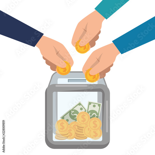 hand donating in box bills and coins