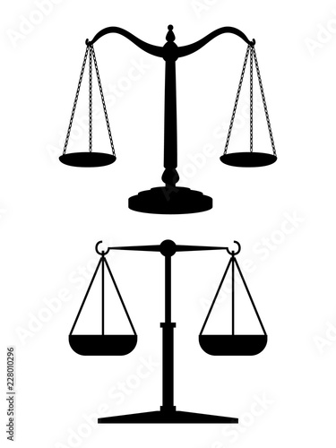 Equilibrium scales. Standing balance judicial scales black silhouette isolated on white background, vector illustration