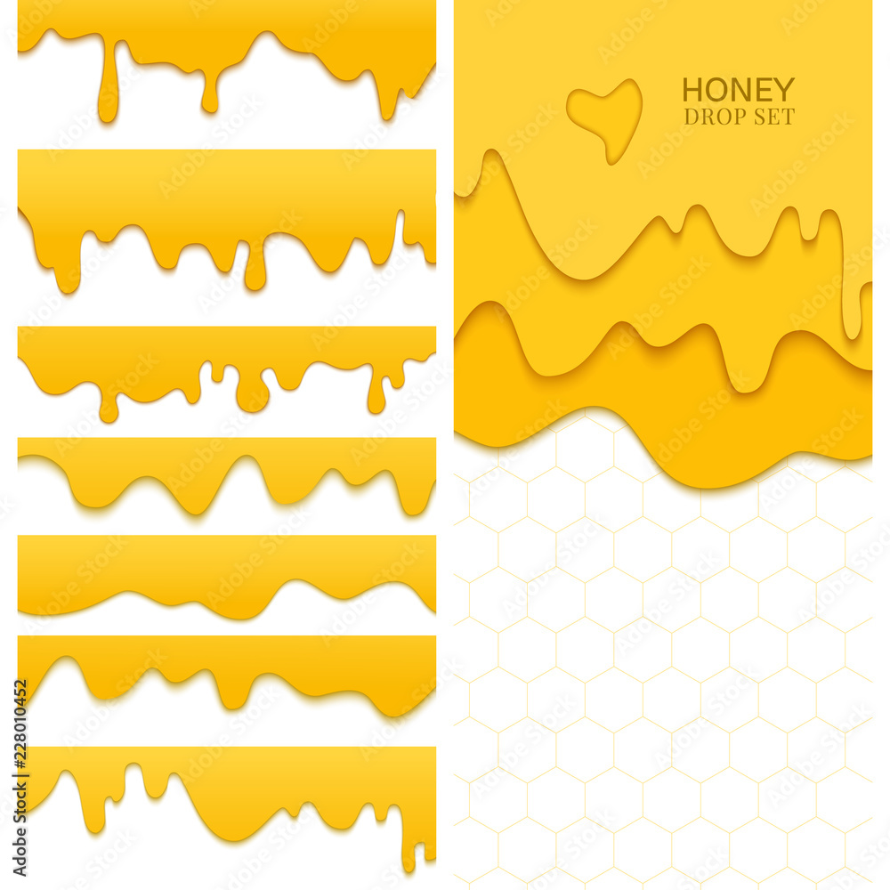 Set of melting dripping honey drops on white background made in paper cut style. Isolated vector illustration. Design elements for beekeepers and bakeries. Set of melting dripping honey drops on white background made in paper cut style. Isolated vector illustration. Design elements for beekeepers and bakeries.