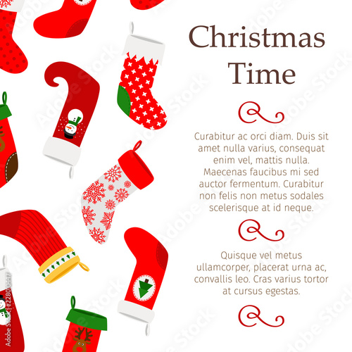Holidays banner vector template. Christmas background with decorative socks