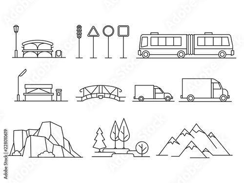 Line transportation, landscape line isons vector set on white backdrop