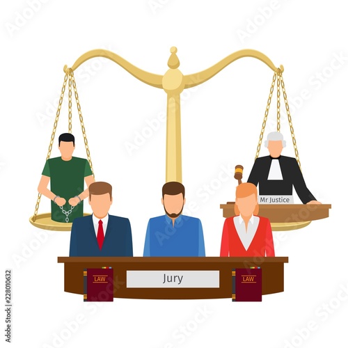 Justice concept vector illustration. Judge, criminal, jury with law book and scale