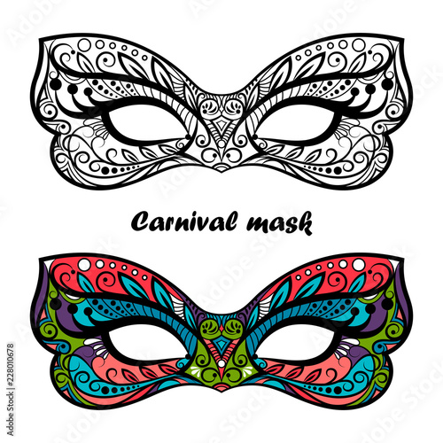 Coloring page carnival masks isolated on white background. Festive masks vector design