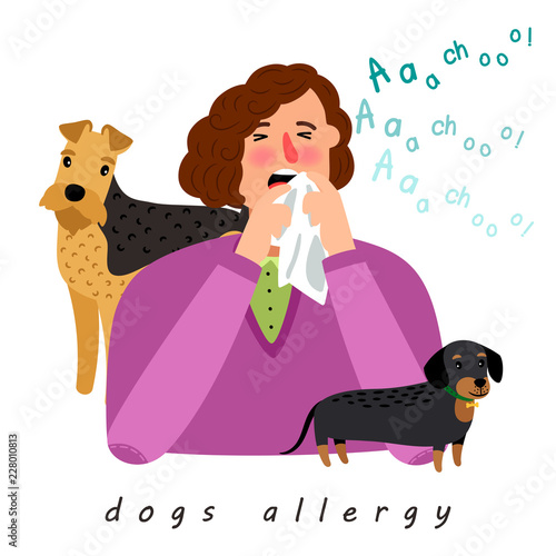 Dog allergy woman. Cartoon girl with season allergic rhinitis, woman nose blowing dogs disease reaction vector illustration
