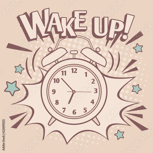 Vintage style wake up poster with alarm clock and decorative elements, vector illustration