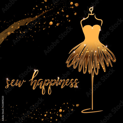 Tailoring emblem with mannequin or dummy and banner with lettering sew happiness. Fashion and tailoring logo design. Vector