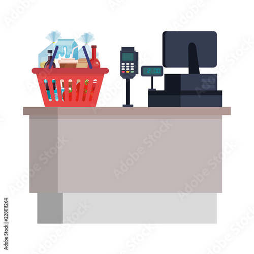 supermarket sale point with basket and groceries