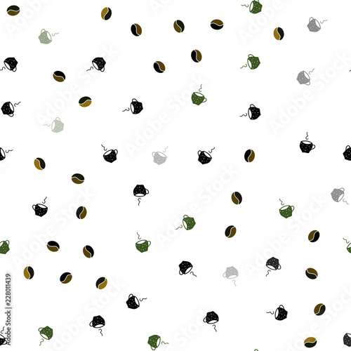 Dark Green, Yellow vector seamless layout with coffee set.