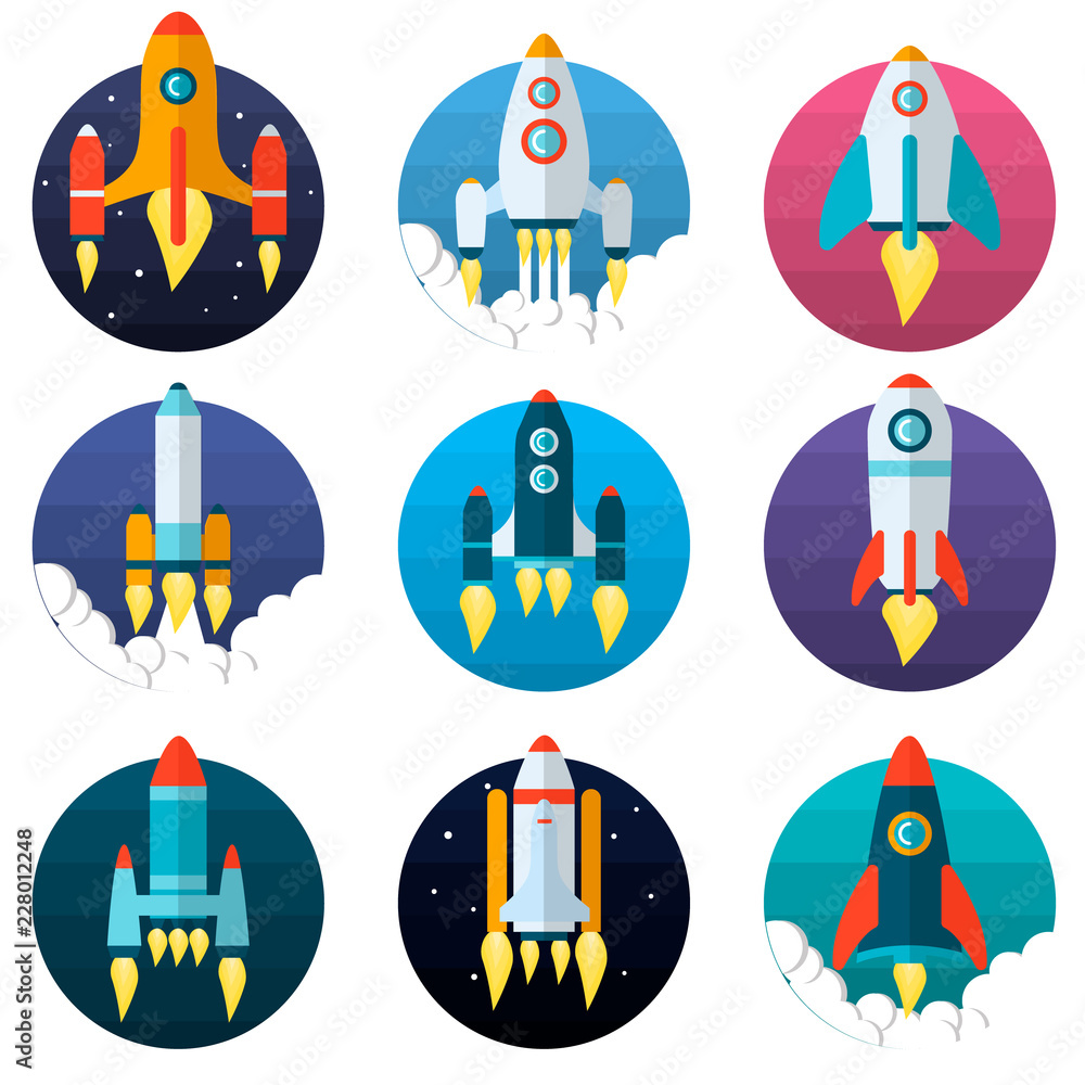 Fototapeta premium Set of different types of rocket. Technological ships. Cartoon design.