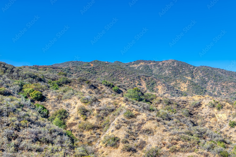 View of mountains on clear morning with blue sky for text View of mountains on clear morning with blue sky for text