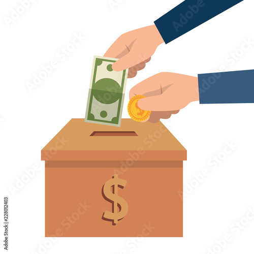 donation box with bills and coins