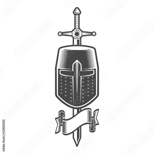 Sword and helmet of a medieval crusader knight with ribbon in monochrome style isolated vector illustration