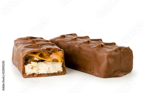 Chocolate Snickers and half close - up on a white. Isolated photo