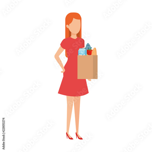 woman with supermarket shopping bag and groceries