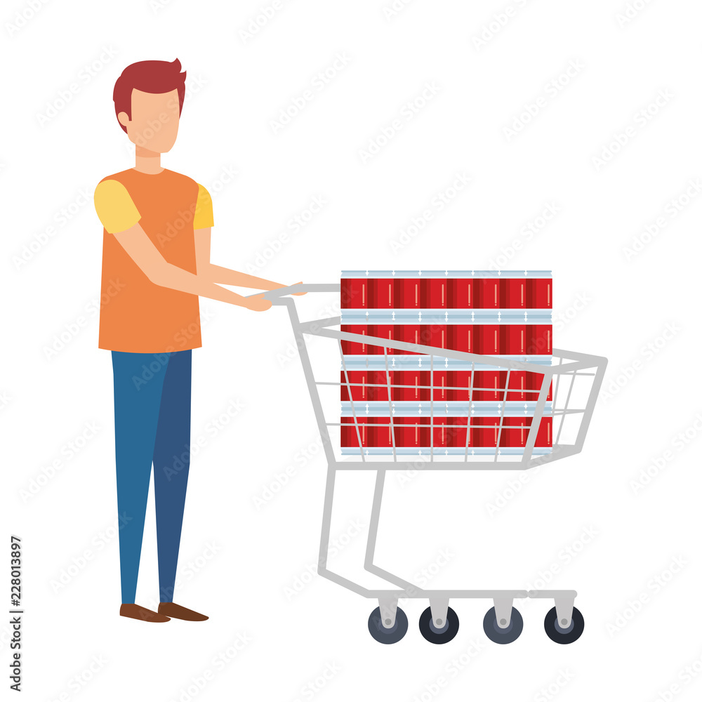 man with supermarket shopping cart and sodas man with supermarket shopping cart and sodas