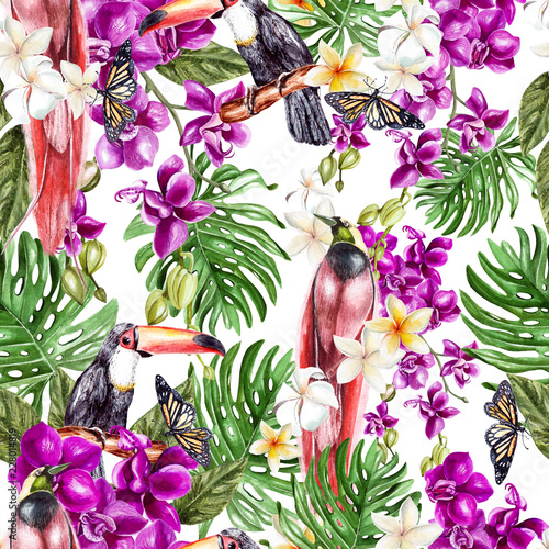 Beautiful watercolor pattern with orchid flowers, tropical leaves and birds.