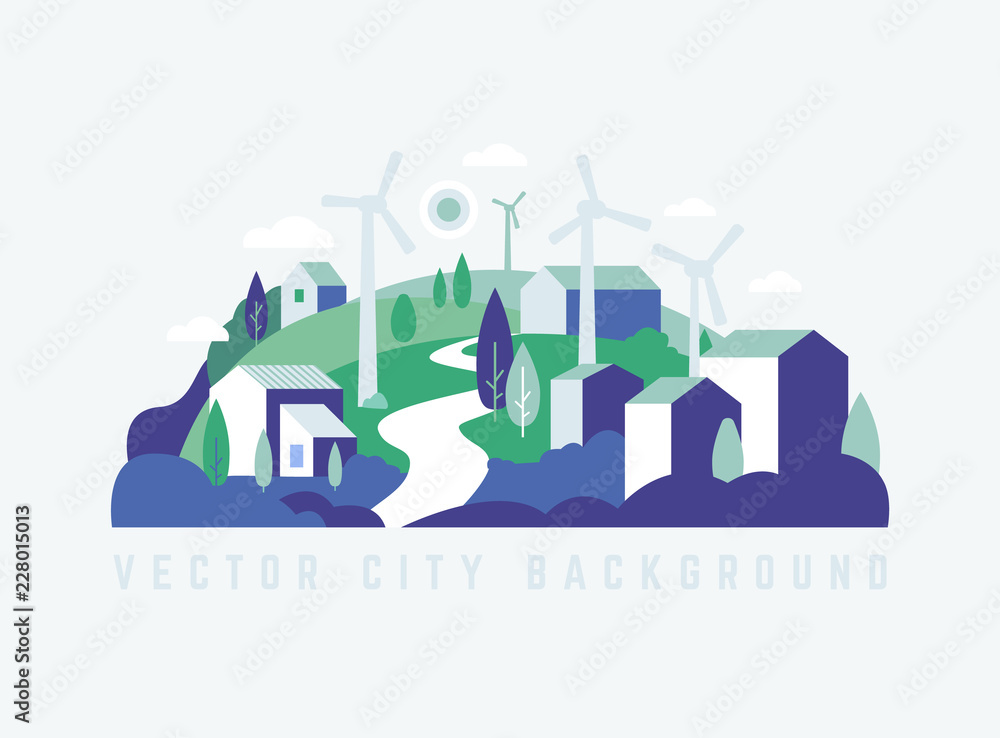 Eco City landscape with buildings, hills and trees. Landscape with windmills. Vector ecology illustration in minimal geometric flat style. Abstract green city lable, logo, covers. Green energy Eco City landscape with buildings, hills and trees. Landscape with windmills. Vector ecology illustration in minimal geometric flat style. Abstract green city lable, logo, covers. Green energy