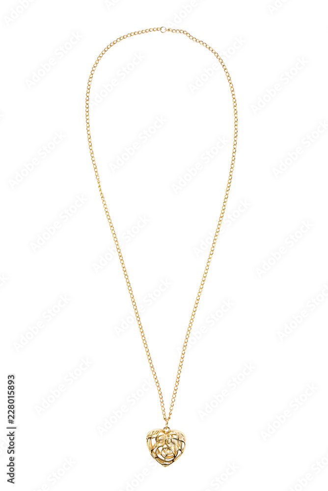 Heart shaped gold necklace on white background Heart shaped gold necklace on white background