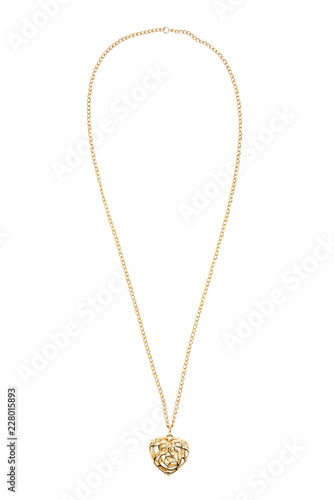 Heart shaped gold necklace on white background